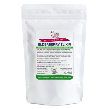 The Beet Lady ELDERBERRY ELIXIR Beet Food Nutritional Therapy powder blended with real fruit.  Organic, plant-based, non-GMO. 6 oz