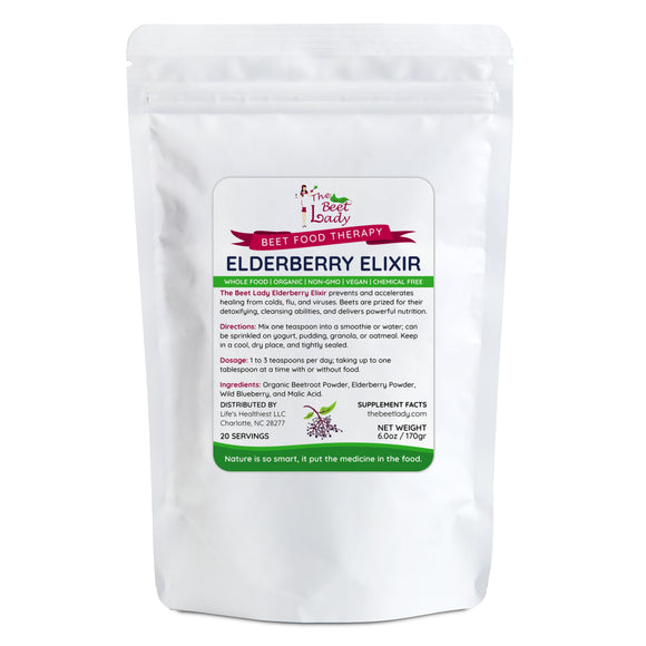 The Beet Lady ELDERBERRY ELIXIR Beet Food Nutritional Therapy powder blended with real fruit.  Organic, plant-based, non-GMO. 6 oz