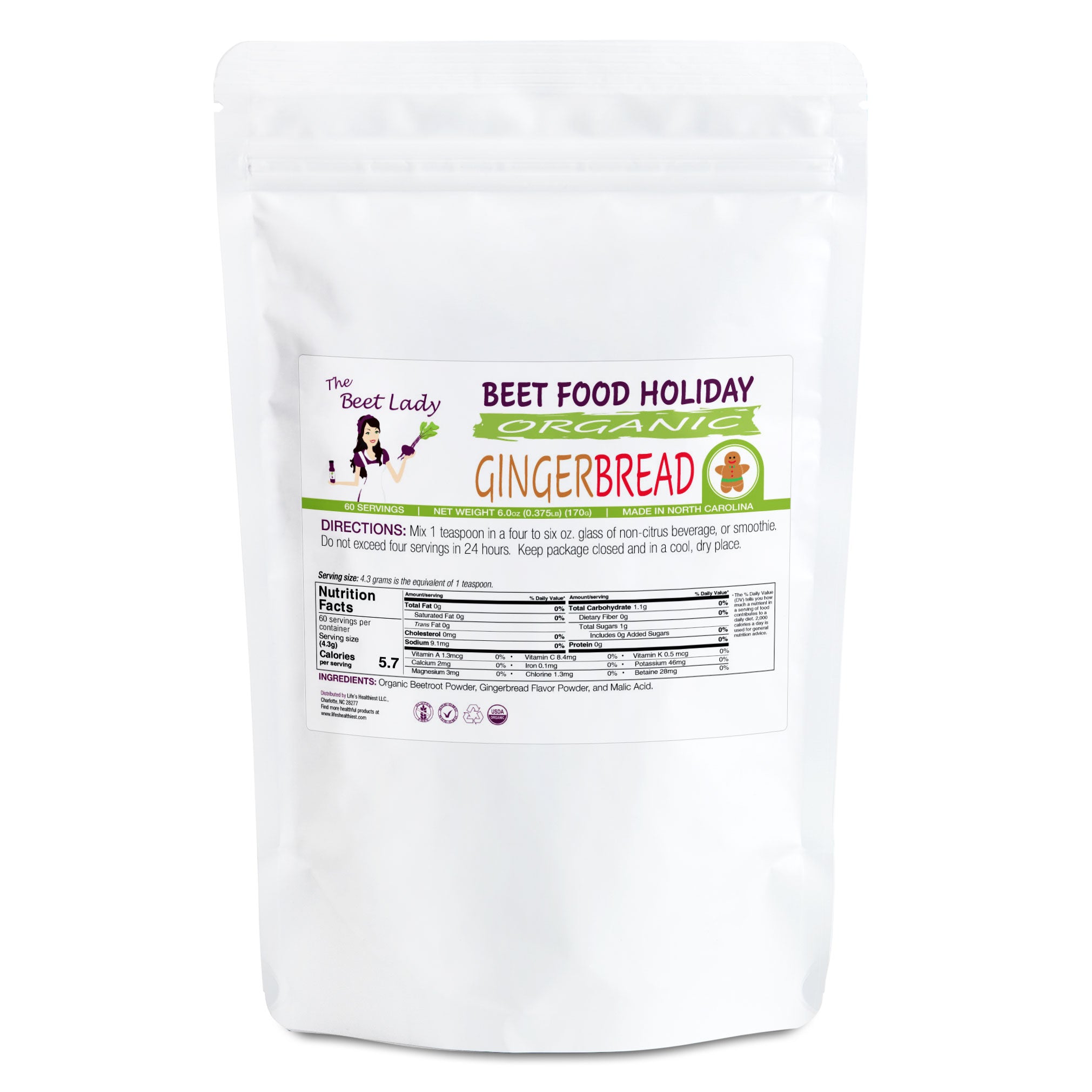 The Beet Lady HOLIDAY GINGER BREAD Beet Food Nutritional Therapy powder blend.  Organic, plant-based, non-GMO.  6 oz