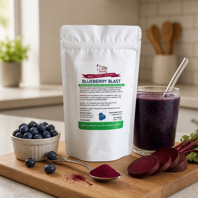 The Beet Lady BLUEBERRY BLAST Beet Food Nutritional Therapy powder blended with real fruit.  Organic, plant-based, non-GMO.  6 oz