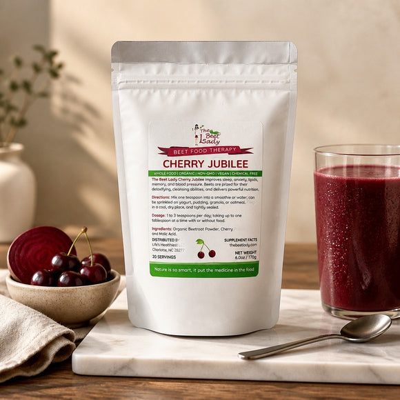 The Beet Lady CHERRY JUBILEE Beet Food Nutritional Therapy powder blended with real fruit - 100% bio-available nutrients from good food. Organic, plant-based, non-GMO, clean and raw.
